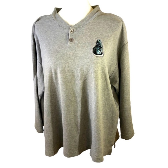 National Wildlife Federation Henley Top Women M Grey Heather Wolf Appliqué - Picture 1 of 6